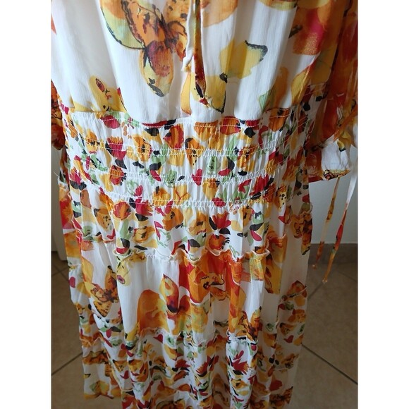 Figueroa & Flower Womens Ivory Orange Print Smocked Midi Dress Fairy Boho 2X - Picture 8 of 15